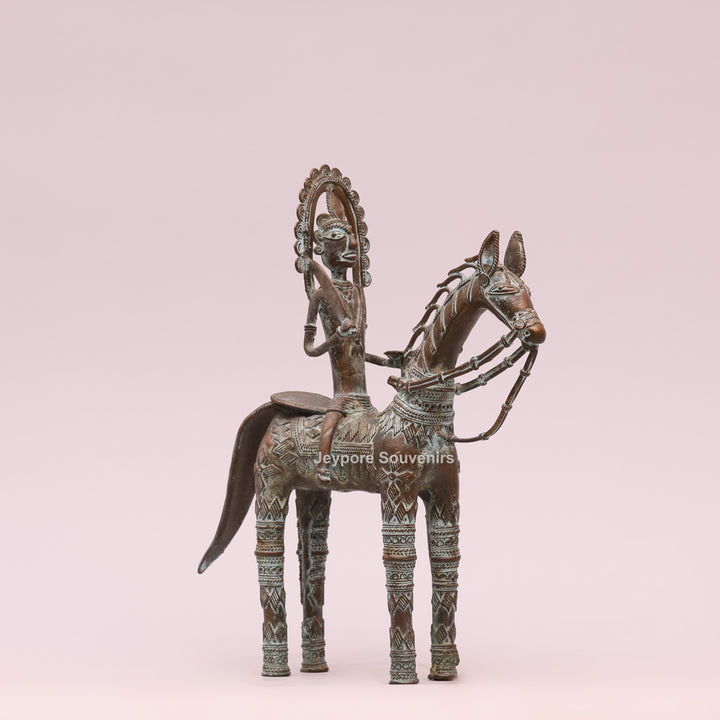 Antique Dhokra Tribal Horse With Rider Brass Statue