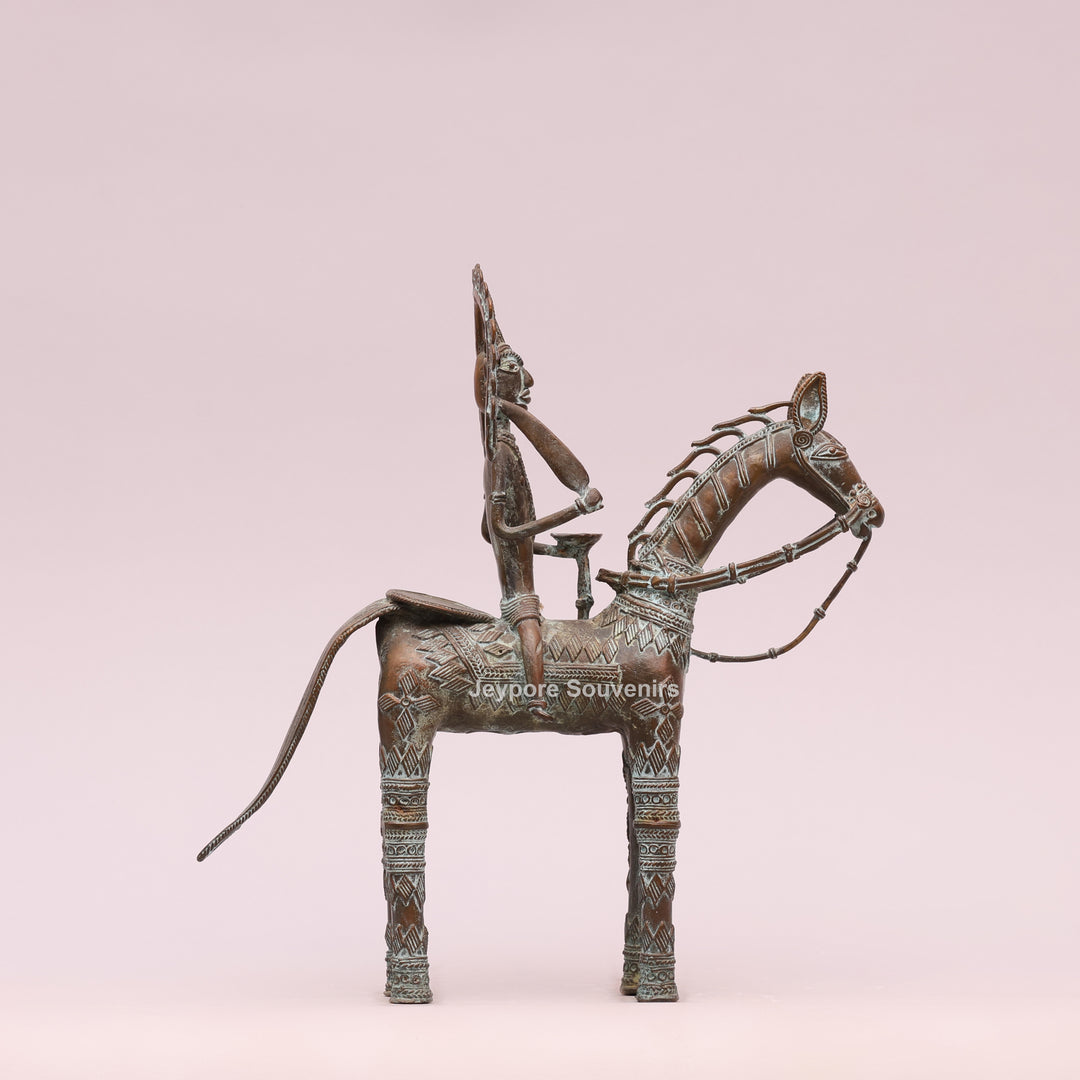 Antique Dhokra Tribal Horse With Rider Brass Statue