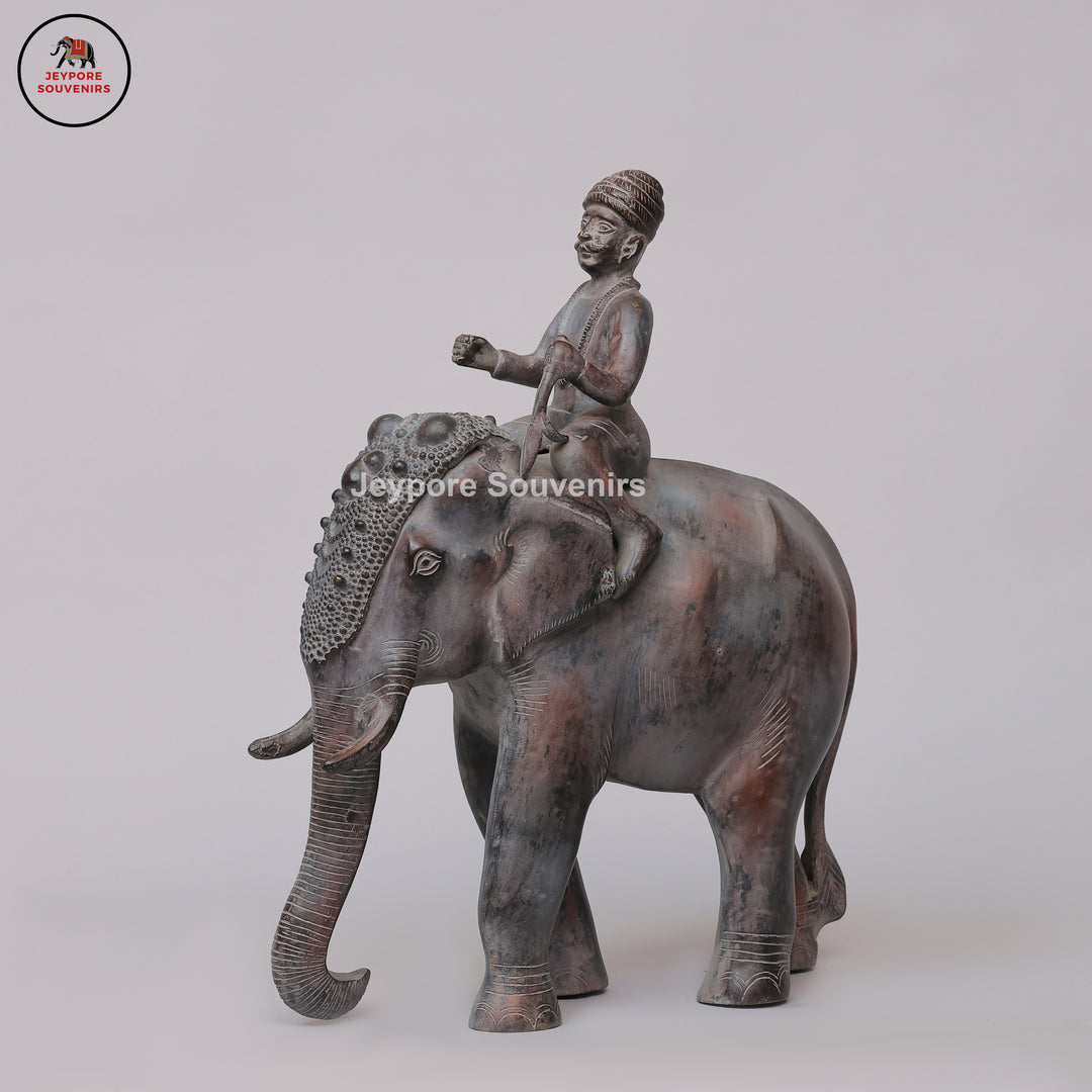 Handcrafted Antique Bronze Elephant with Mahout Sculpture