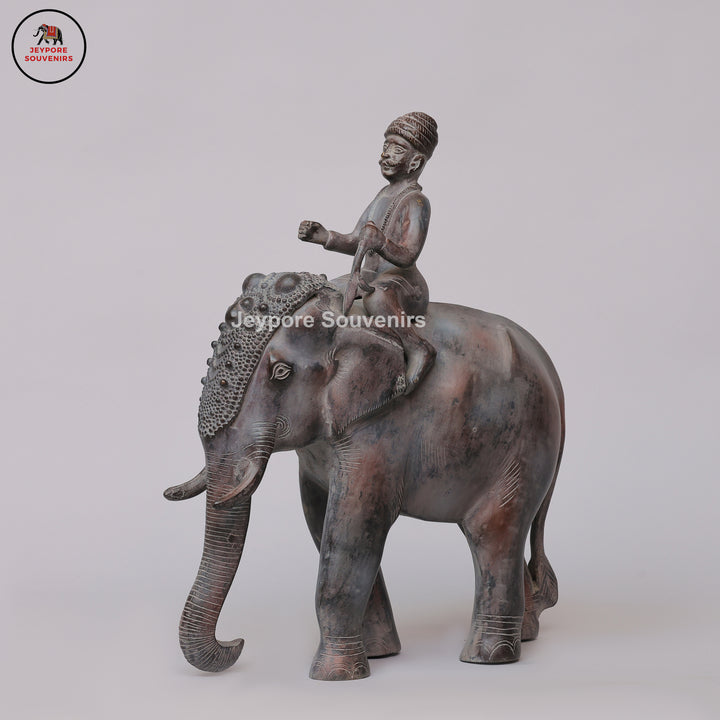 Handcrafted Antique Bronze Elephant with Mahout Sculpture