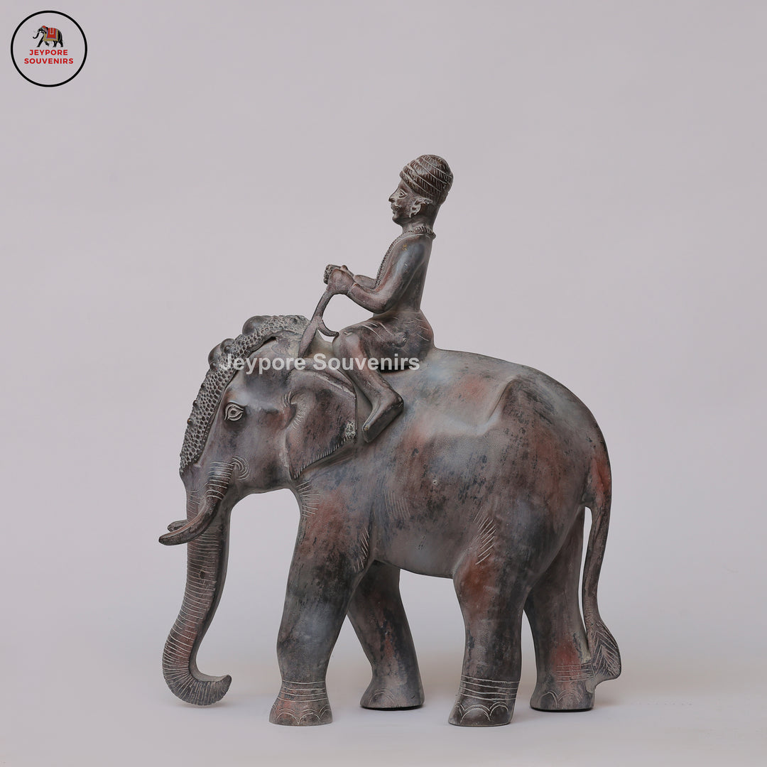 Handcrafted Antique Bronze Elephant with Mahout Sculpture