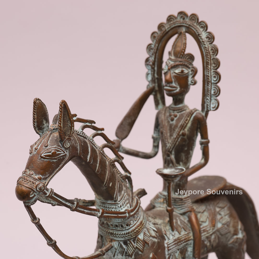 Antique Dhokra Tribal Horse With Rider Brass Statue