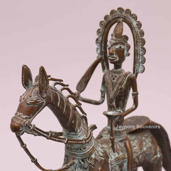 Antique Dhokra Tribal Horse With Rider Brass Statue