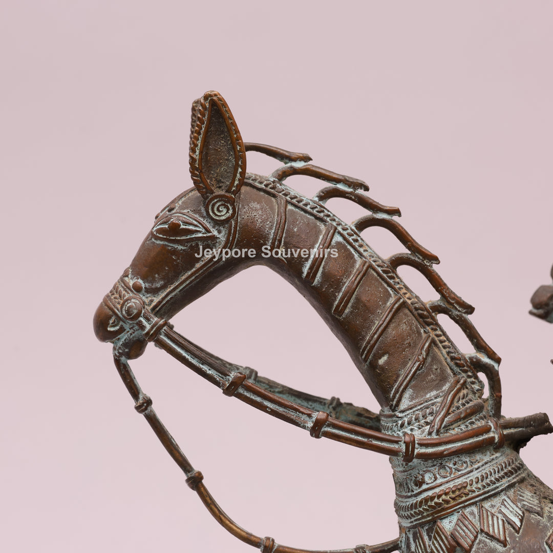 Antique Dhokra Tribal Horse With Rider Brass Statue