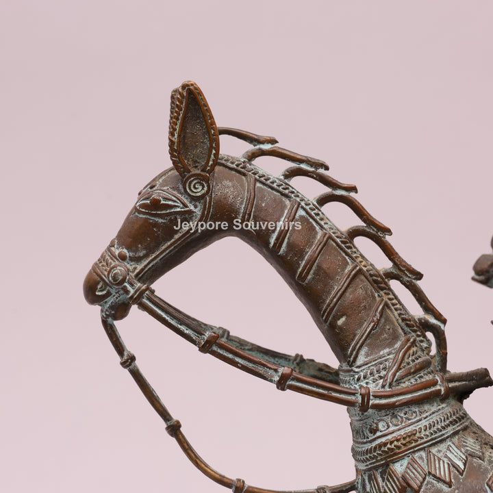 Antique Dhokra Tribal Horse With Rider Brass Statue