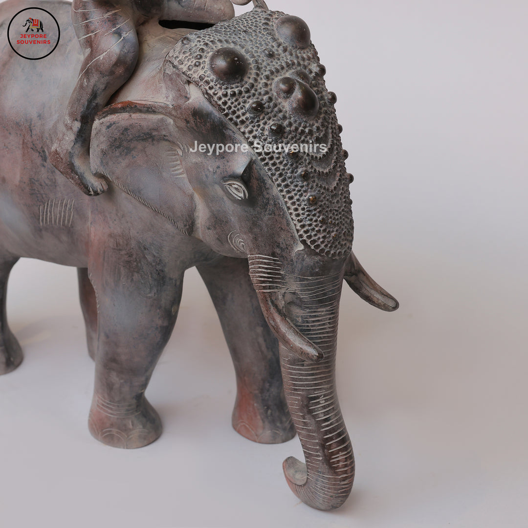 Handcrafted Antique Bronze Elephant with Mahout Sculpture