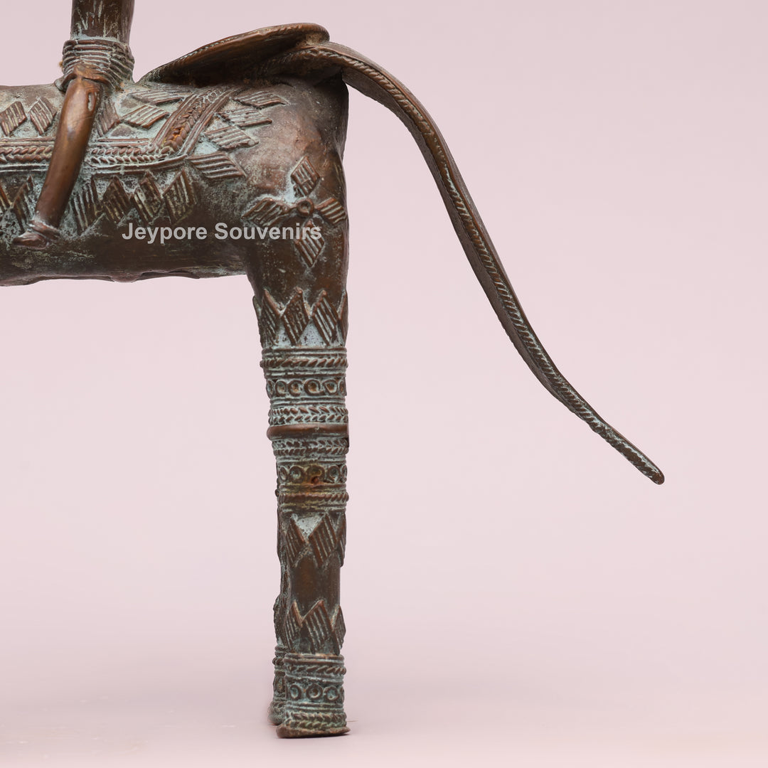 Antique Dhokra Tribal Horse With Rider Brass Statue