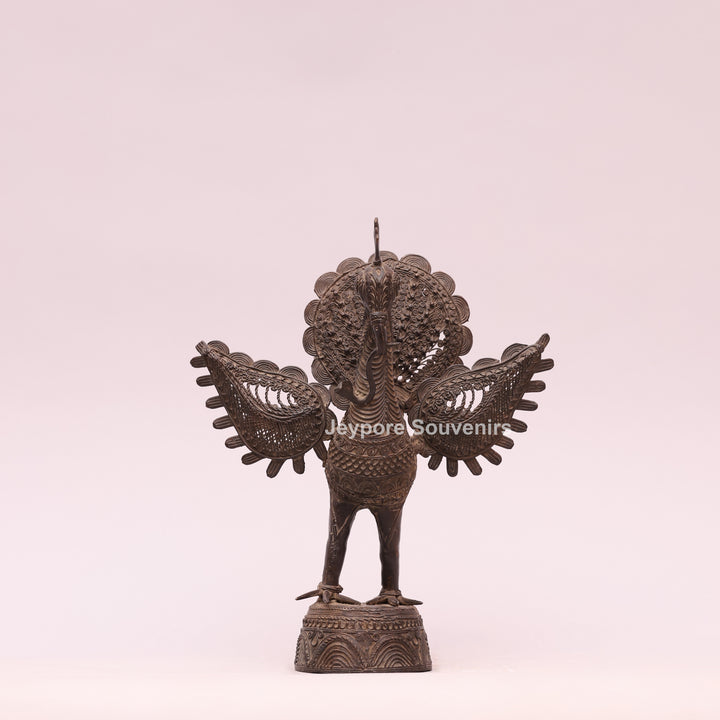 Dhokra Brass Peacock Sculpture with Spread Wings