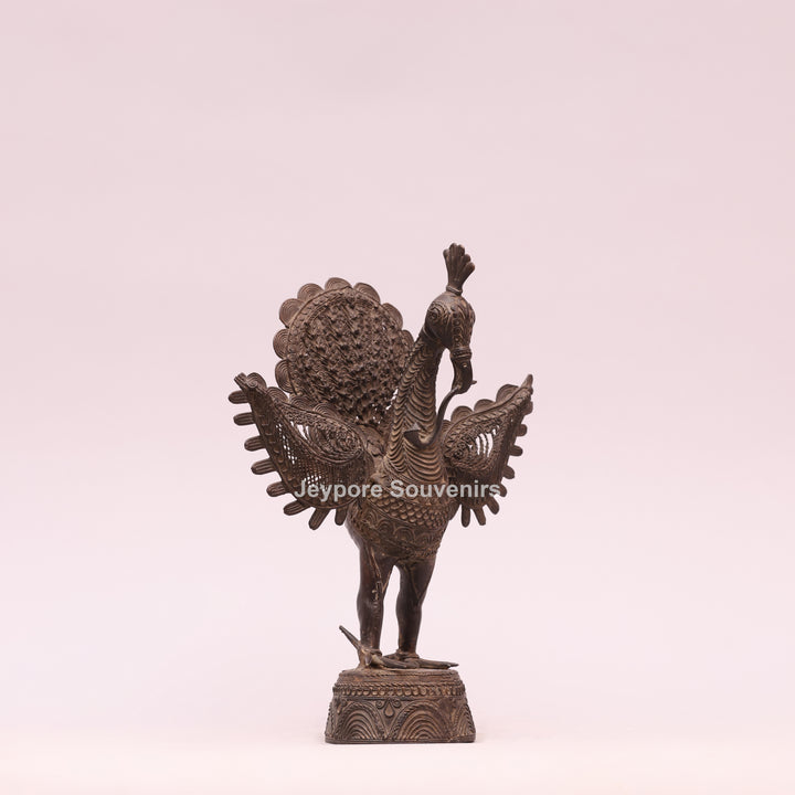 Dhokra Brass Peacock Sculpture with Spread Wings