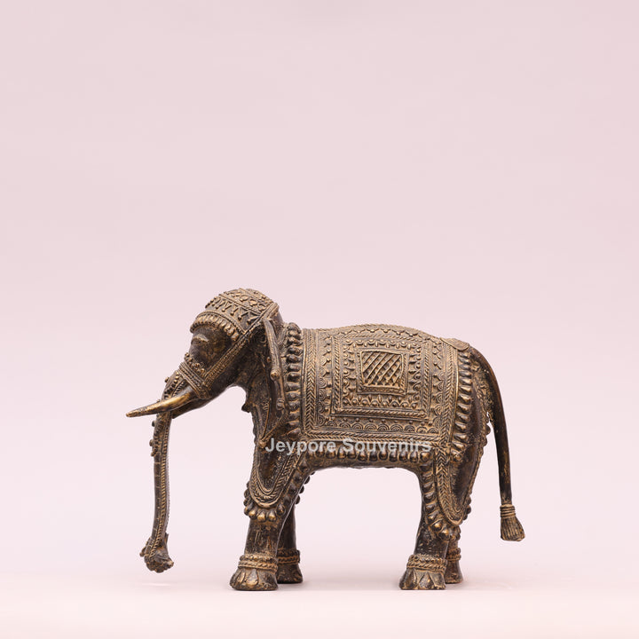 Antique Brass Elephant Statue with Traditional Indian Engraving