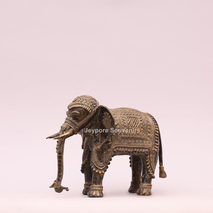 Antique Brass Elephant Statue with Traditional Indian Engraving