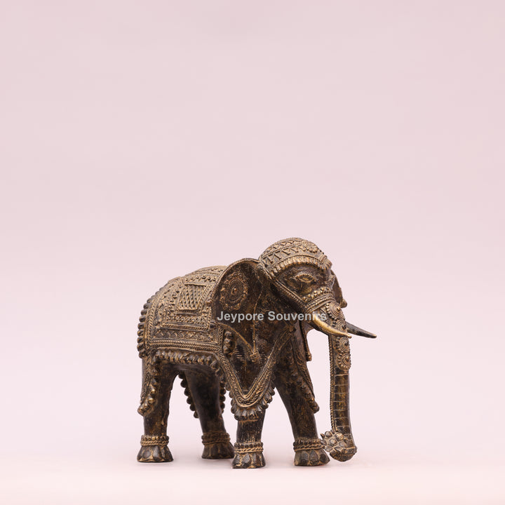 Antique Brass Elephant Statue with Traditional Indian Engraving