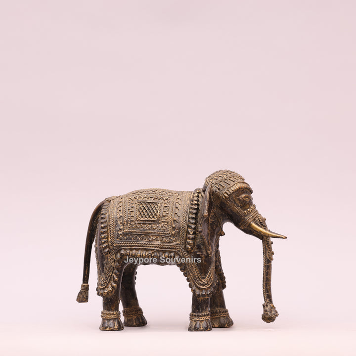 Antique Brass Elephant Statue with Traditional Indian Engraving