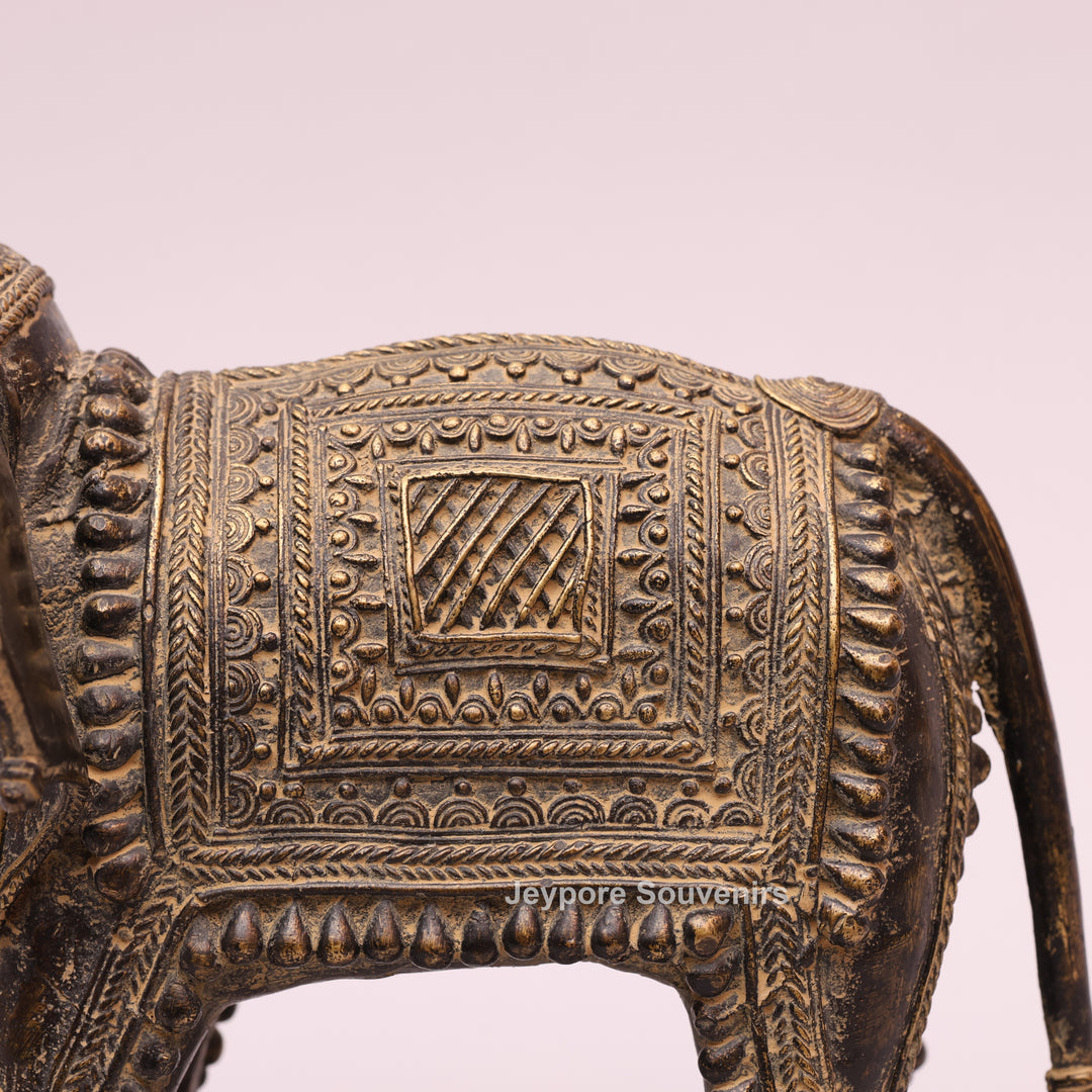 Antique Brass Elephant Statue with Traditional Indian Engraving