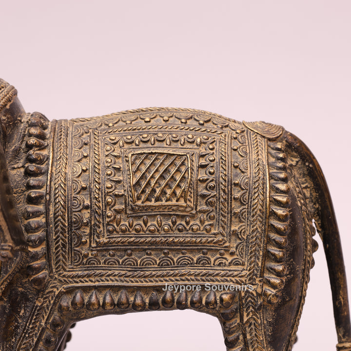 Antique Brass Elephant Statue with Traditional Indian Engraving