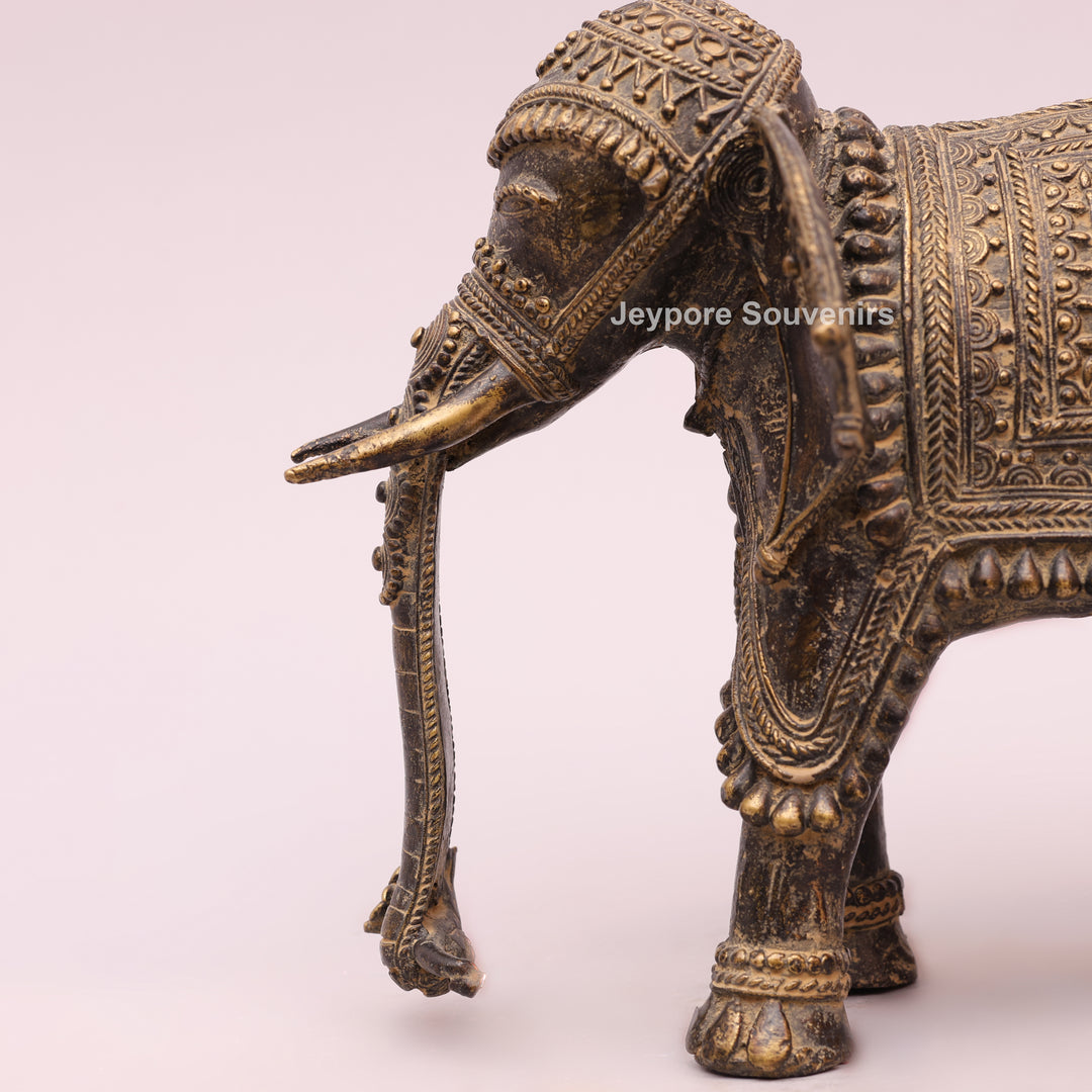 Antique Brass Elephant Statue with Traditional Indian Engraving