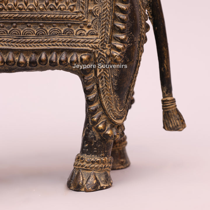 Antique Brass Elephant Statue with Traditional Indian Engraving