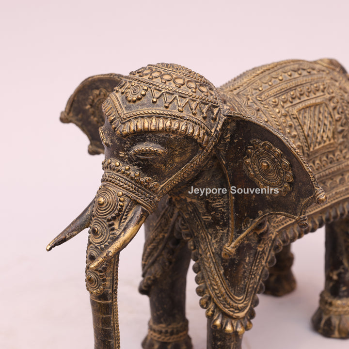 Antique Brass Elephant Statue with Traditional Indian Engraving
