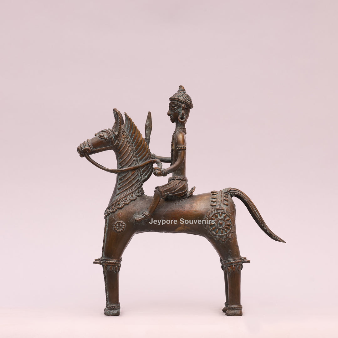 Handcrafted Dhokra Brass Horse With Rider Statue – Traditional Tribal Wire Art
