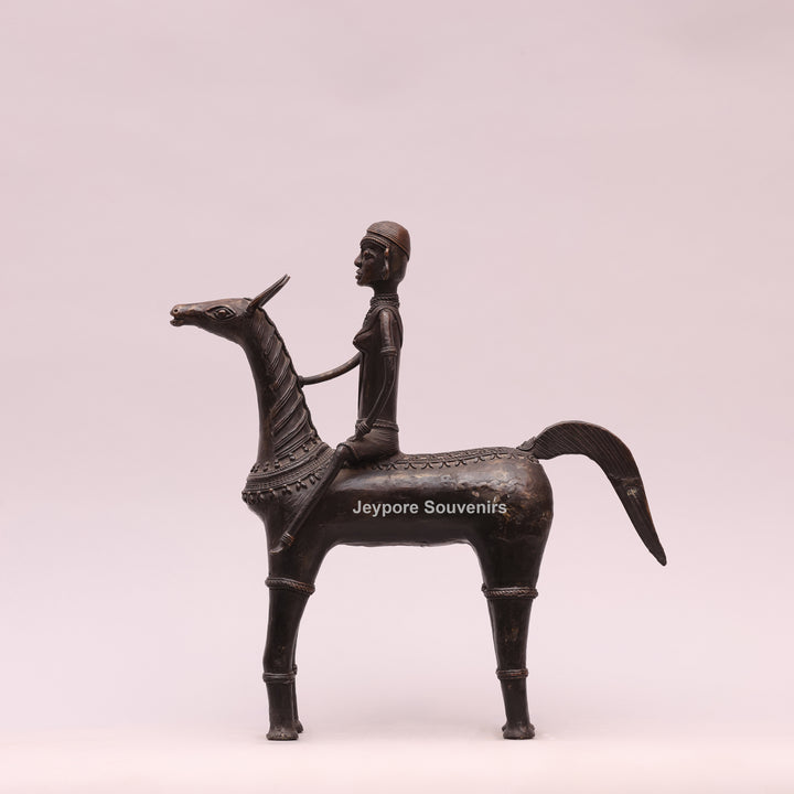 Handcrafted Dhokra Art Brass Horse &amp; Rider Sculpture