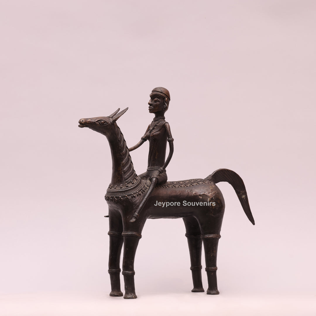 Handcrafted Dhokra Art Brass Horse &amp; Rider Sculpture