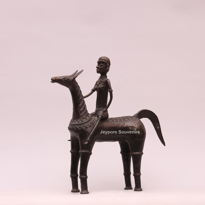 Handcrafted Dhokra Art Brass Horse &amp; Rider Sculpture