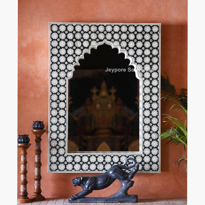 Black Bone Inlay Mehrab Wooden Wall Mirror with Floral Pattern
