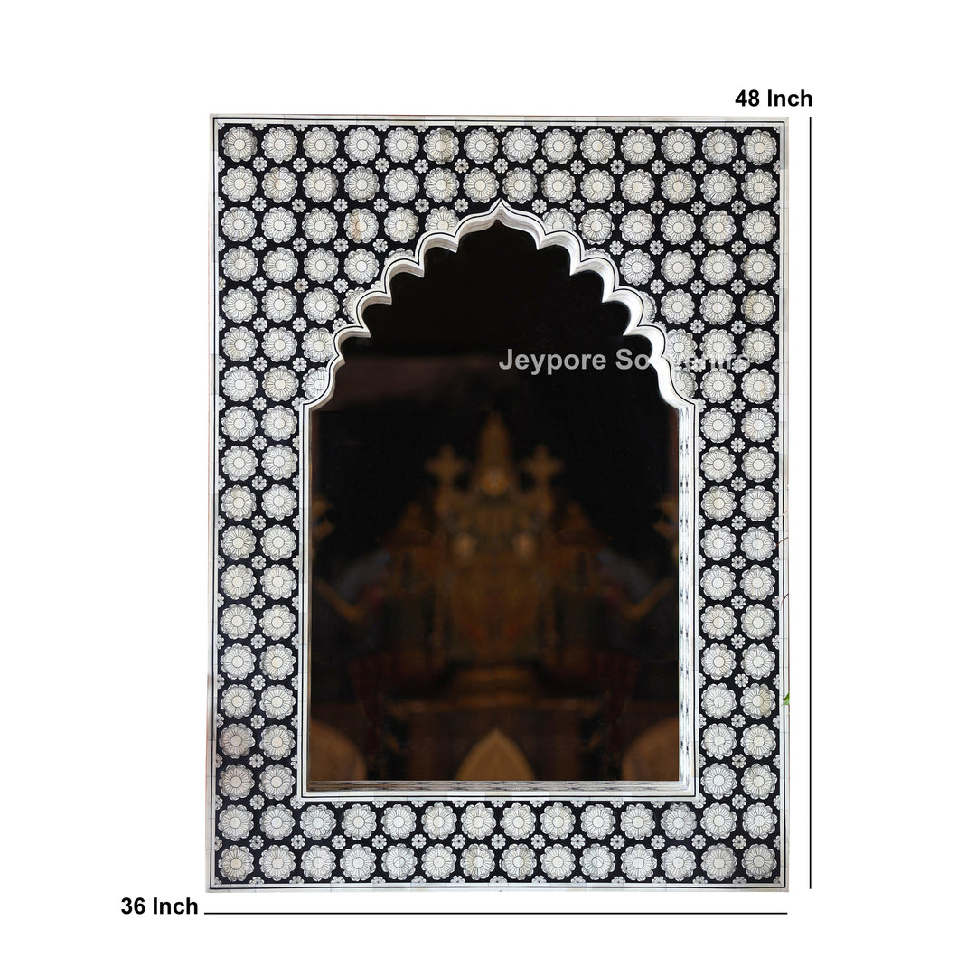 Black Bone Inlay Mehrab Wooden Wall Mirror with Floral Pattern