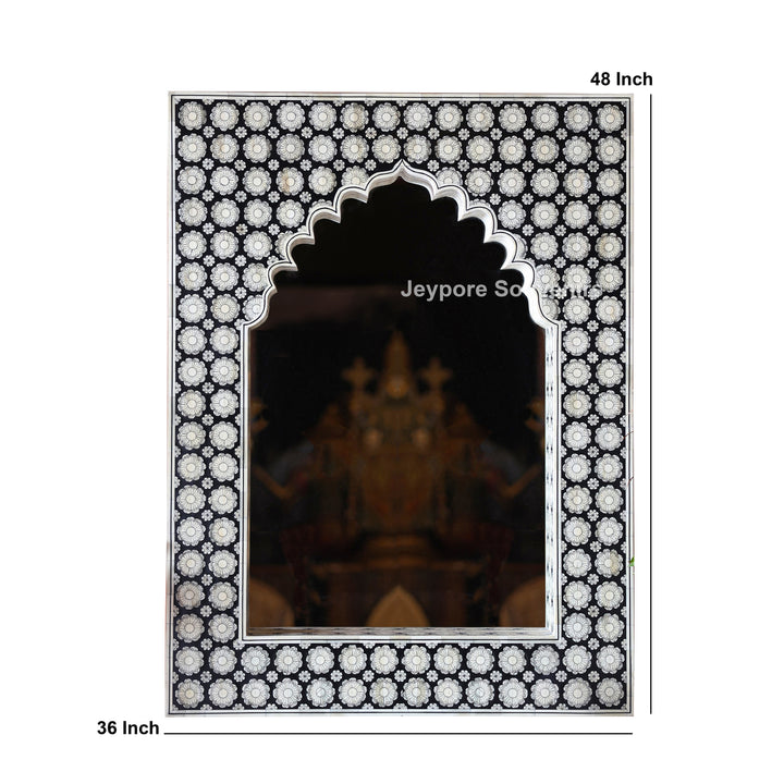 Black Bone Inlay Mehrab Wooden Wall Mirror with Floral Pattern