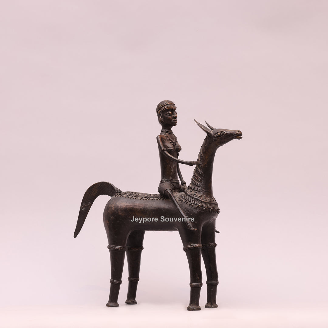 Handcrafted Dhokra Art Brass Horse &amp; Rider Sculpture
