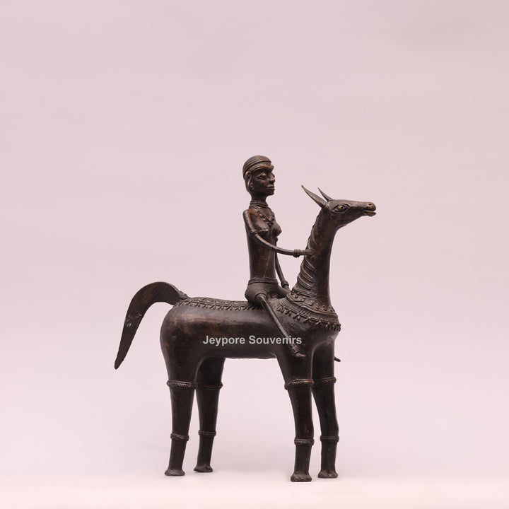 Handcrafted Dhokra Art Brass Horse &amp; Rider Sculpture