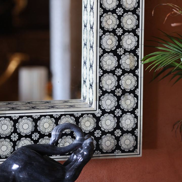 Black Bone Inlay Mehrab Wooden Wall Mirror with Floral Pattern