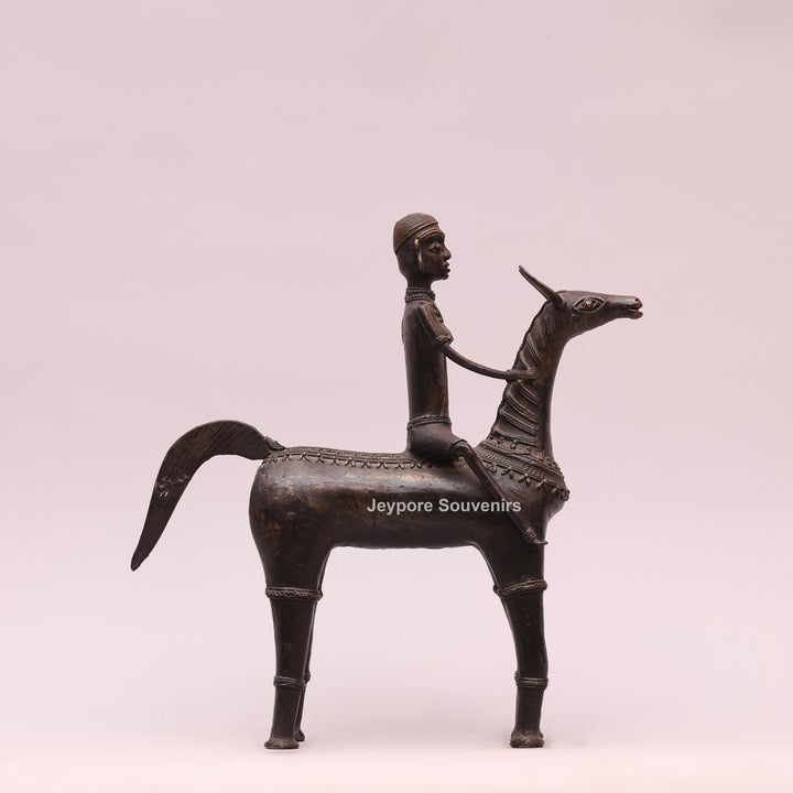 Handcrafted Dhokra Art Brass Horse &amp; Rider Sculpture
