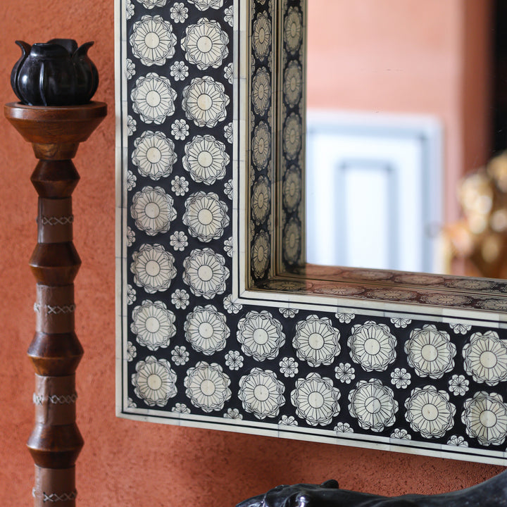 Black Bone Inlay Mehrab Wooden Wall Mirror with Floral Pattern