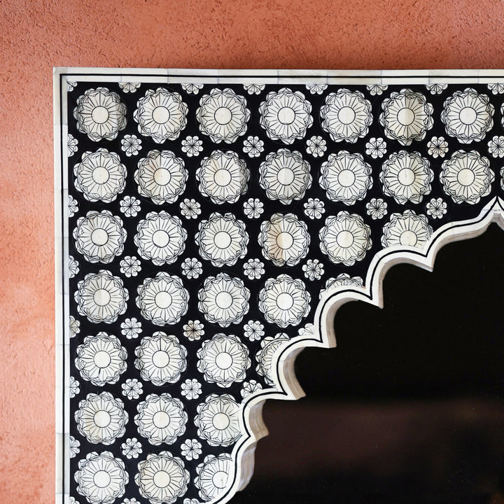 Black Bone Inlay Mehrab Wooden Wall Mirror with Floral Pattern