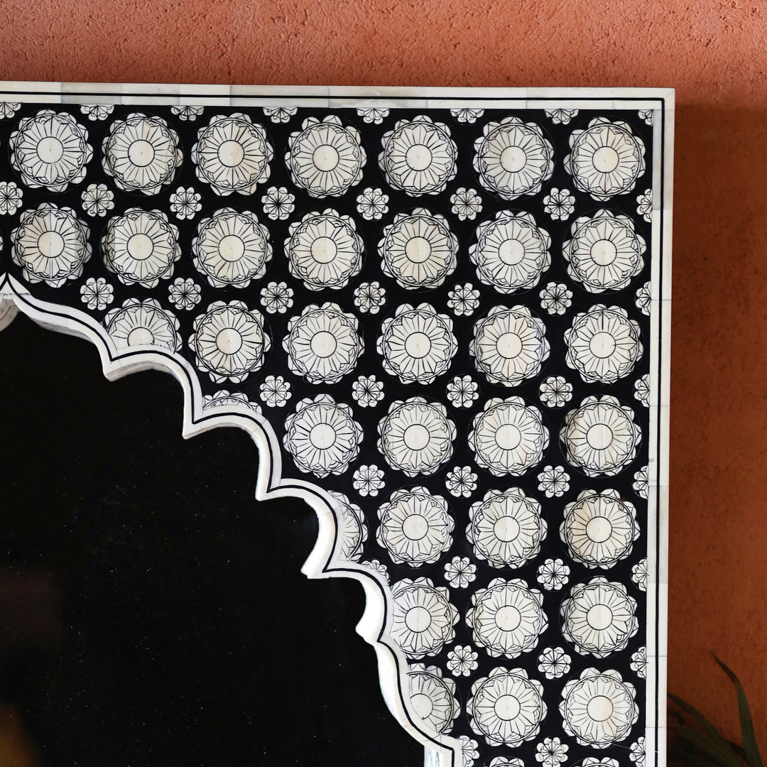 Black Bone Inlay Mehrab Wooden Wall Mirror with Floral Pattern