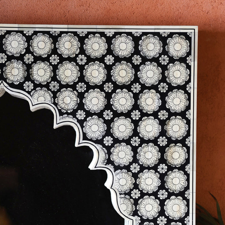 Black Bone Inlay Mehrab Wooden Wall Mirror with Floral Pattern
