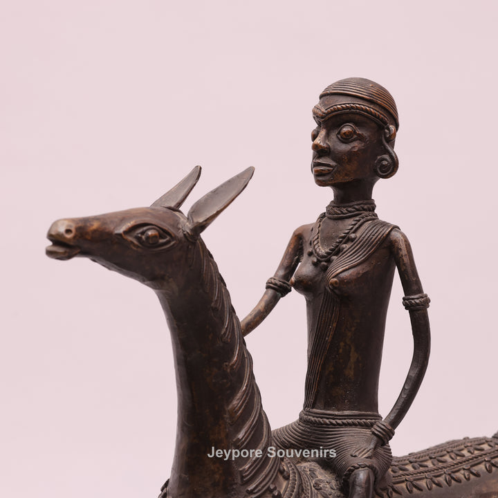 Handcrafted Dhokra Art Brass Horse &amp; Rider Sculpture