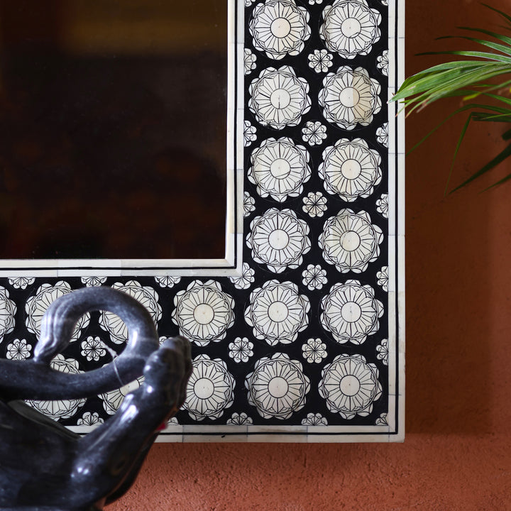 Black Bone Inlay Mehrab Wooden Wall Mirror with Floral Pattern