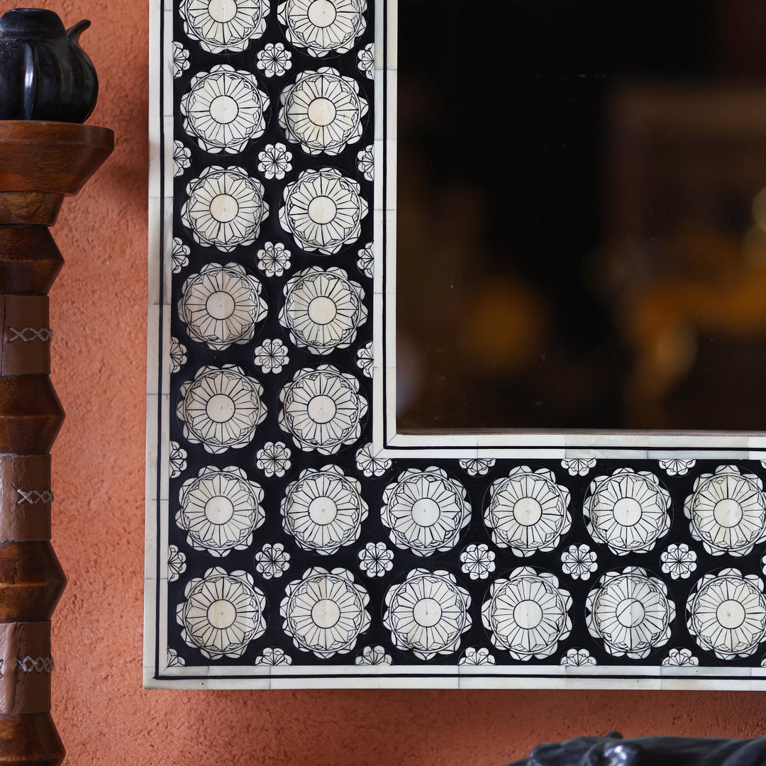 Black Bone Inlay Mehrab Wooden Wall Mirror with Floral Pattern