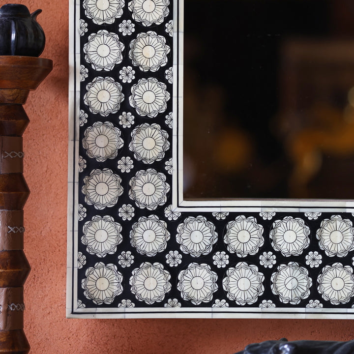 Black Bone Inlay Mehrab Wooden Wall Mirror with Floral Pattern