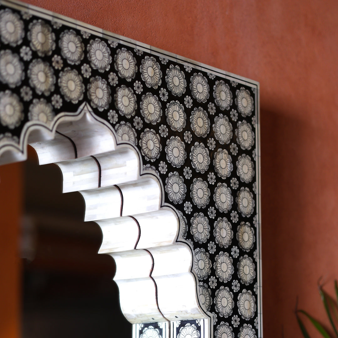 Black Bone Inlay Mehrab Wooden Wall Mirror with Floral Pattern
