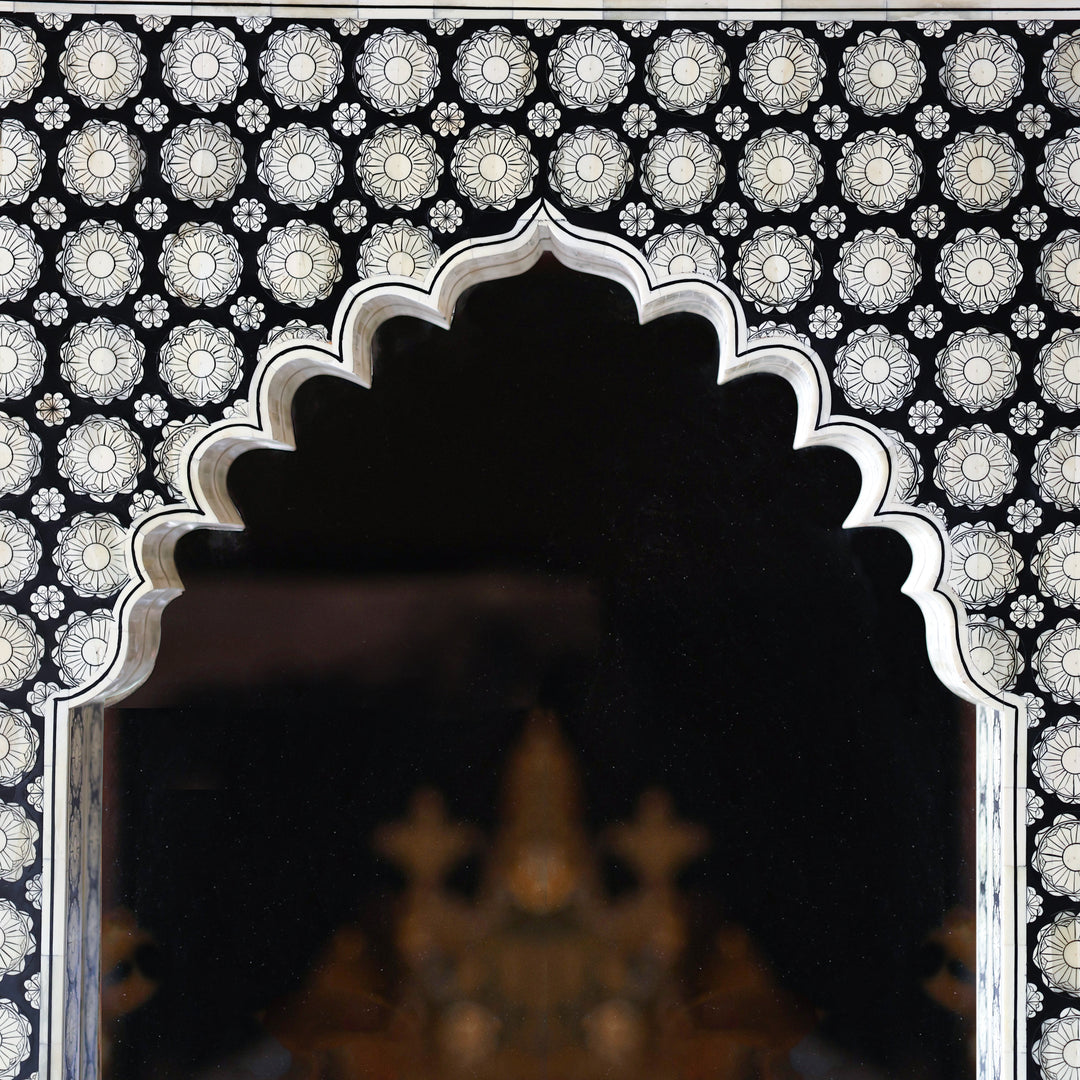 Black Bone Inlay Mehrab Wooden Wall Mirror with Floral Pattern