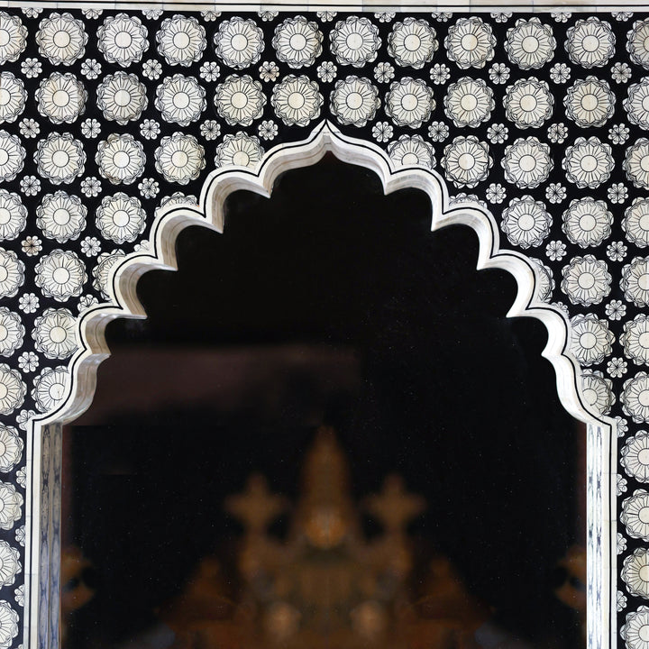 Black Bone Inlay Mehrab Wooden Wall Mirror with Floral Pattern
