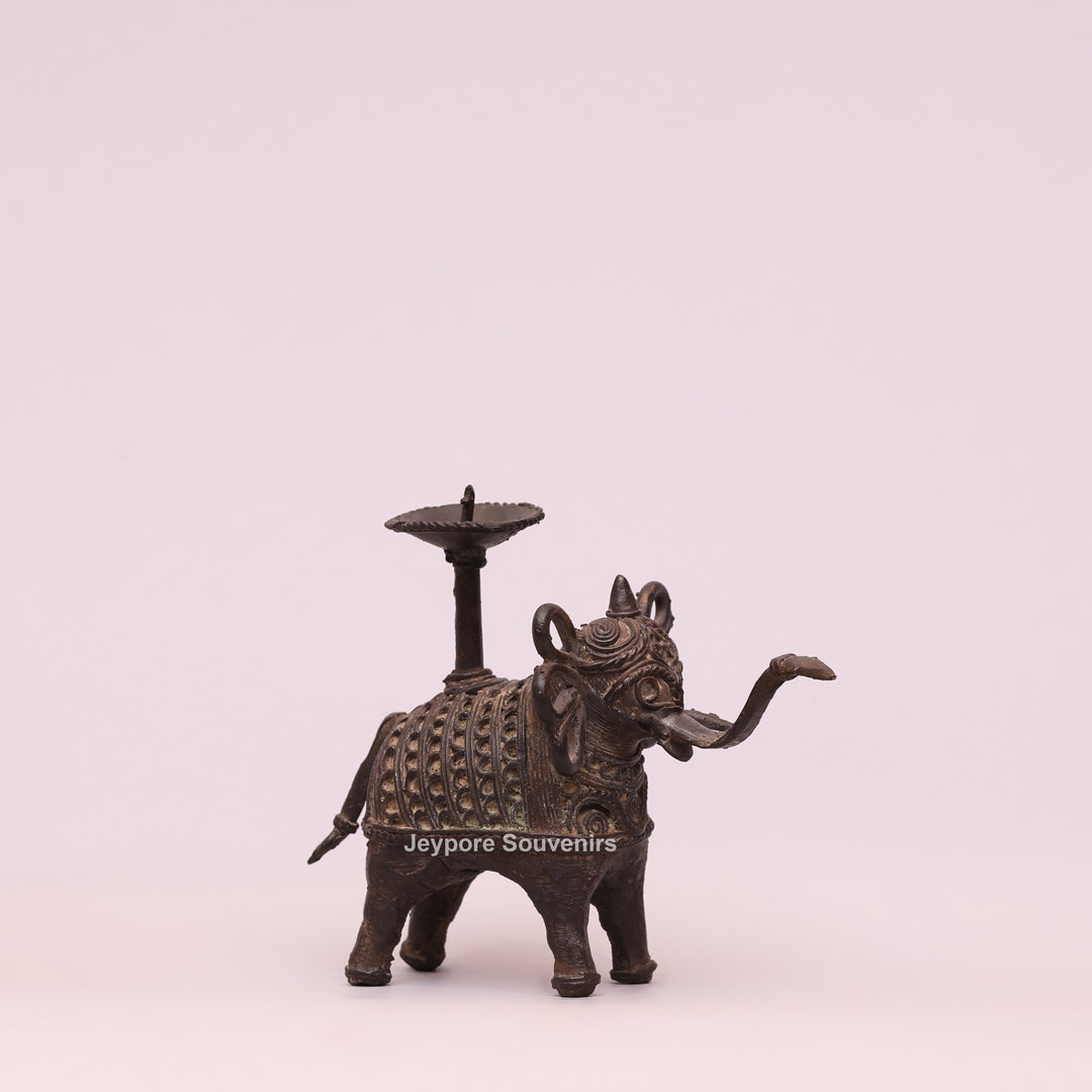 Handcrafted Bastar Dhokra Brass Elephant Candle Holder Statue
