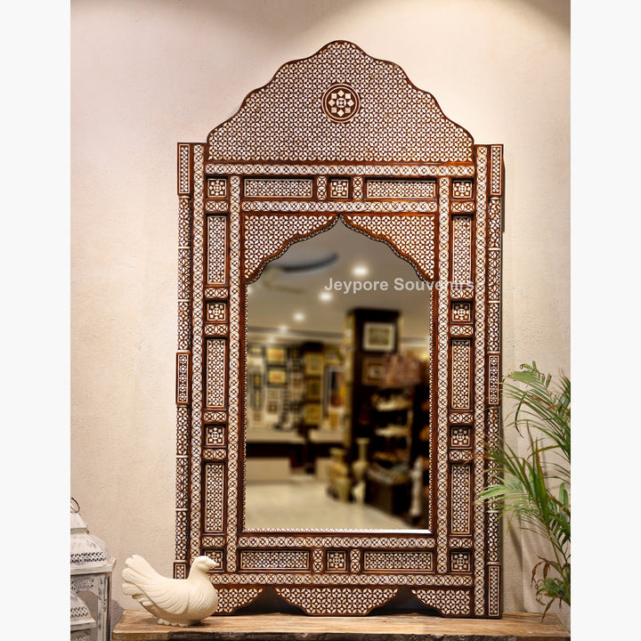 Handcrafted Moroccan Mother of Pearl Inlay Wooden Wall Mirror with Scalloped Arch