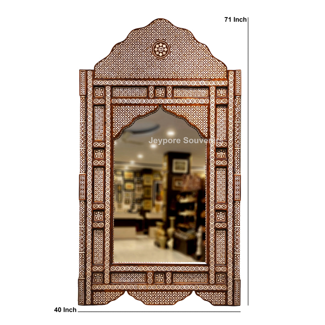 Handcrafted Moroccan Mother of Pearl Inlay Wooden Wall Mirror with Scalloped Arch