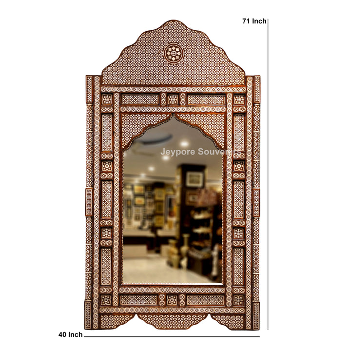 Handcrafted Moroccan Mother of Pearl Inlay Wooden Wall Mirror with Scalloped Arch