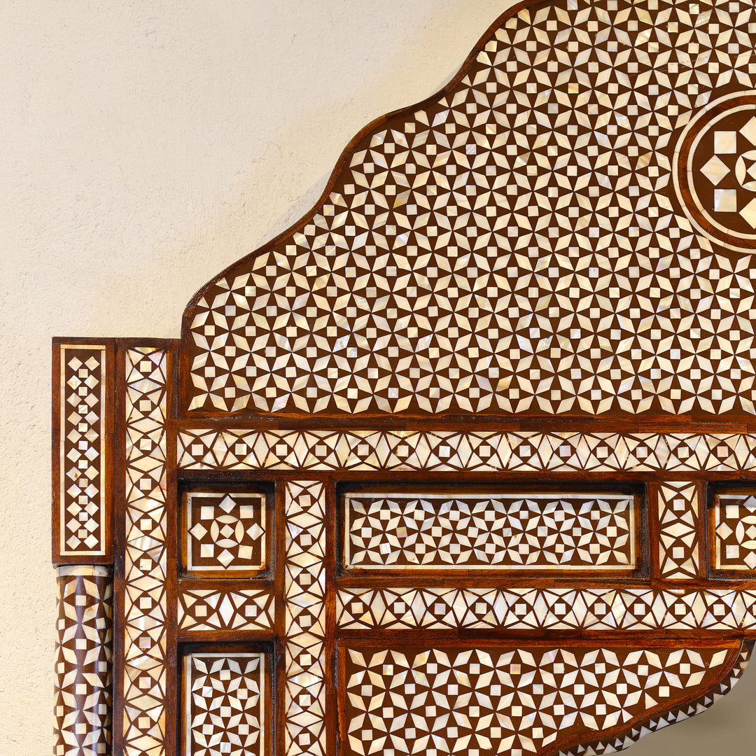 Handcrafted Moroccan Mother of Pearl Inlay Wooden Wall Mirror with Scalloped Arch