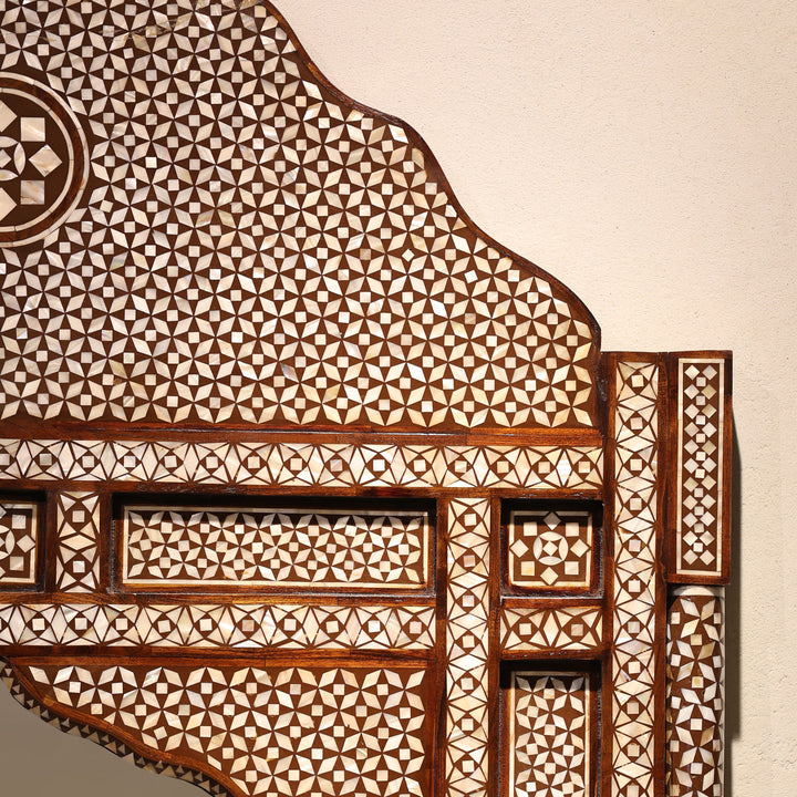 Handcrafted Moroccan Mother of Pearl Inlay Wooden Wall Mirror with Scalloped Arch
